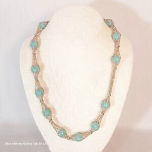 Caged Mint Blue Beaded Necklace In Gold Tone Ball Chains Lobster Claw Clasp